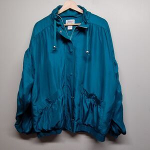 Janeve 100% Silk Jacket Women Size L Blue Full Zip Lined Vintage Retro Outdoor